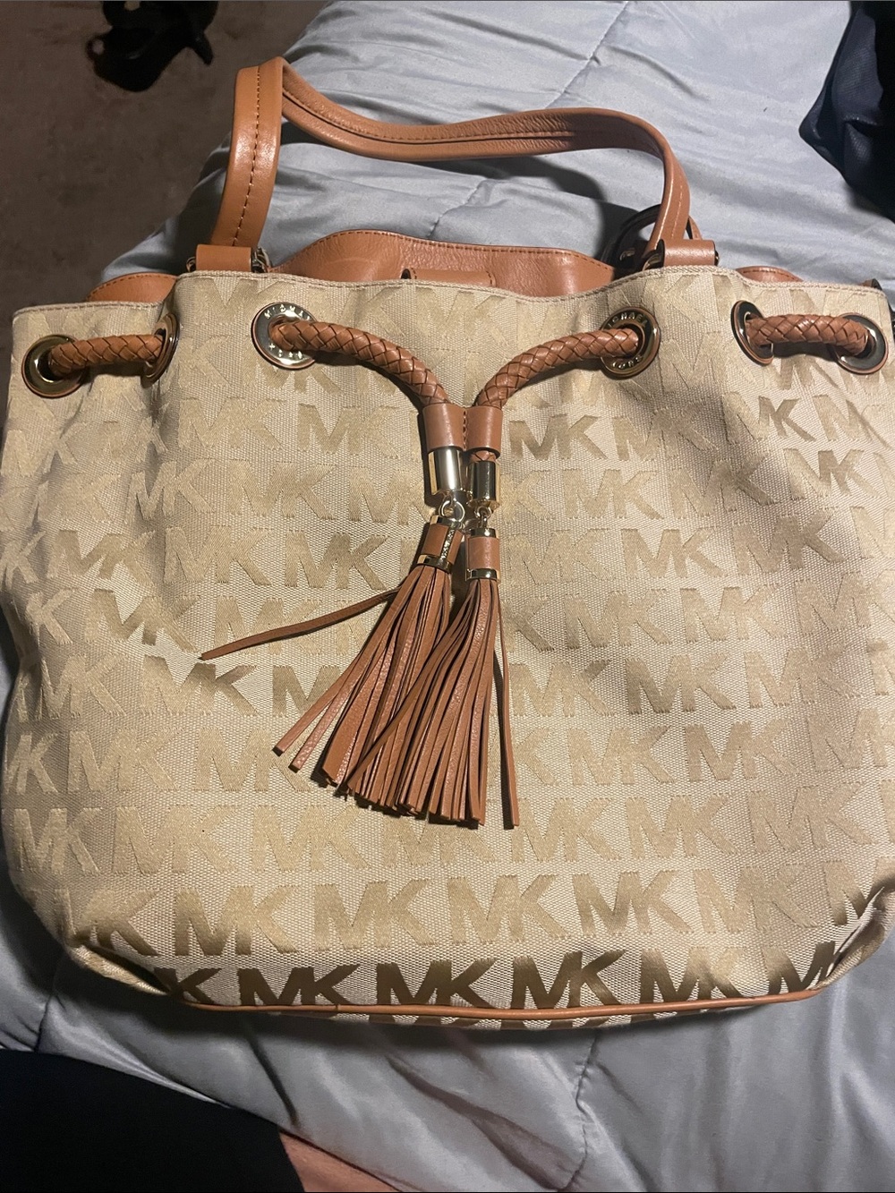 Michael Kors Cream and Tan Logo Tassel Drawstring Tote